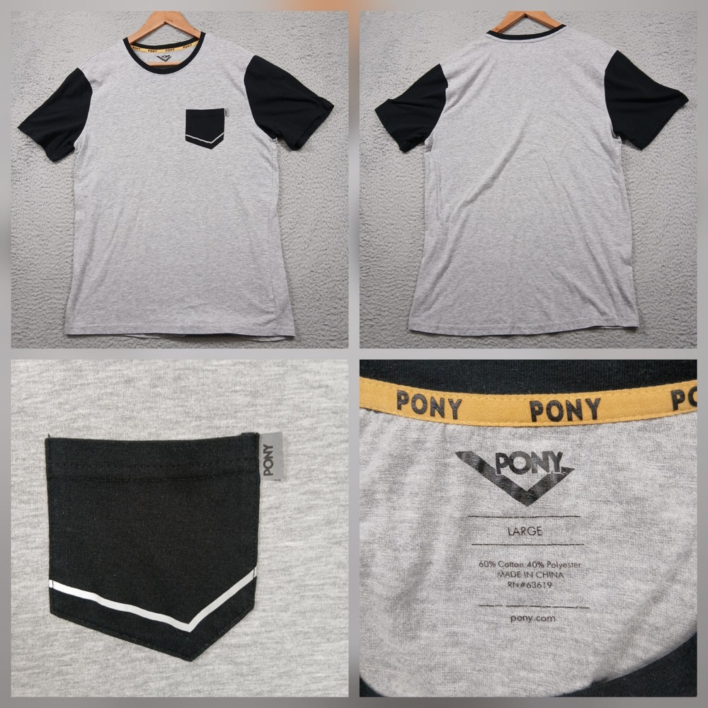 Pony Shirt Mens Large Grey Black Colorblock‎ Short Sleeve Pocket Graphic Tee